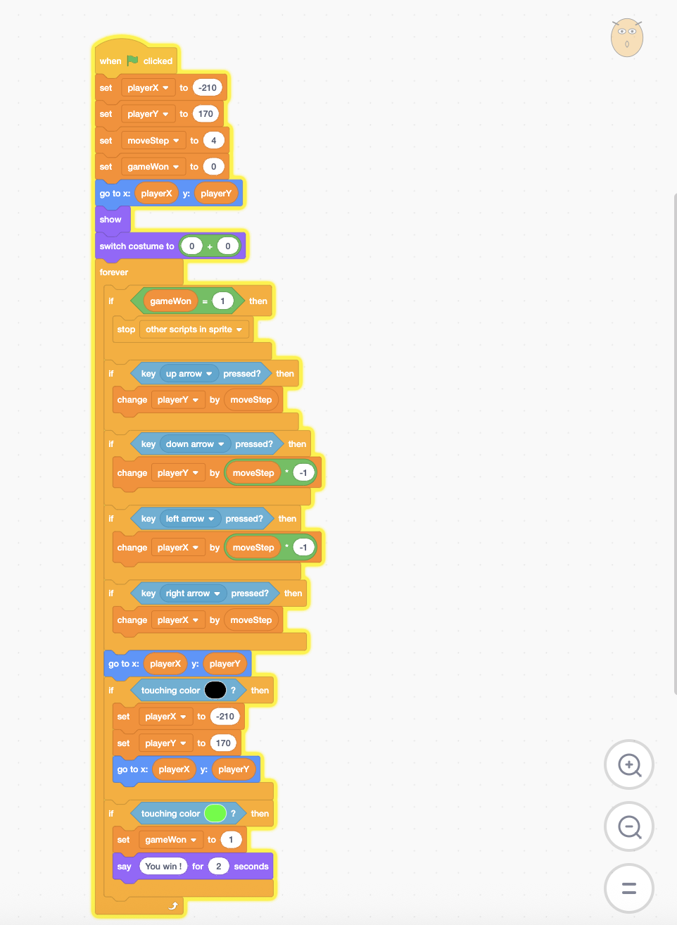 Scratch blocks: maze player movement and collision