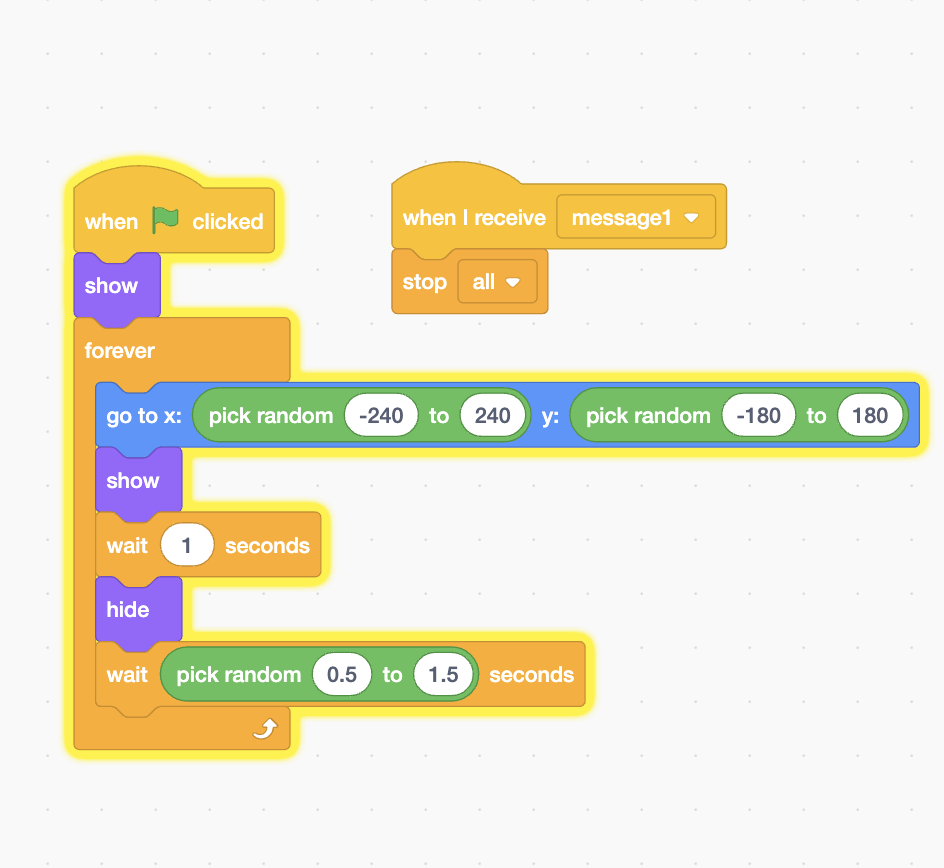 Scratch blocks: mole appear and hide loop