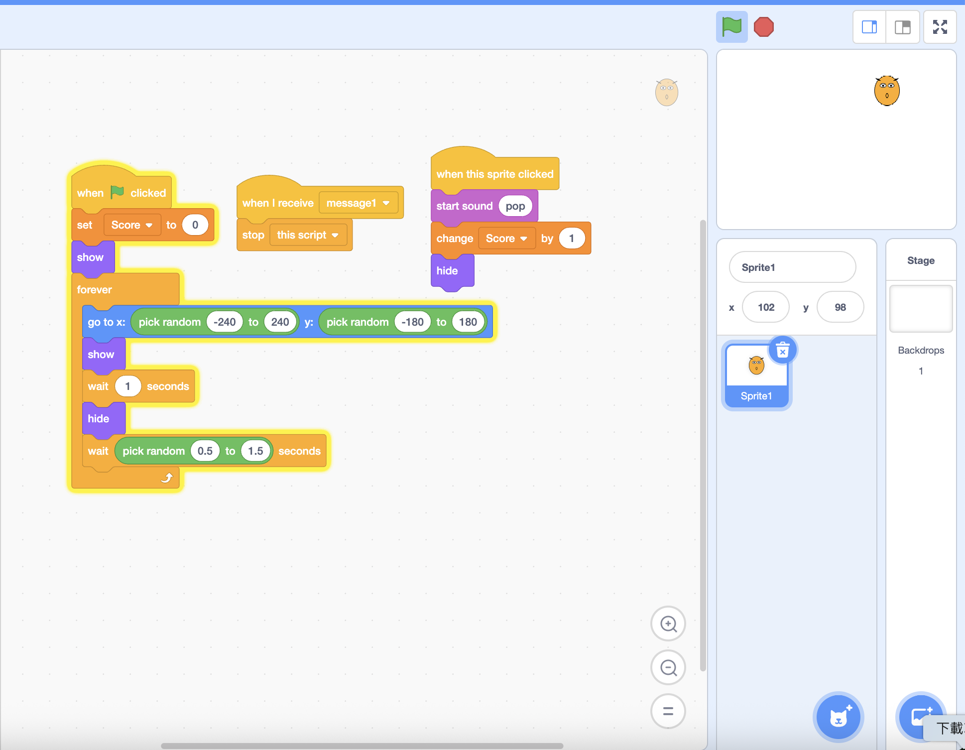 Scratch blocks: click to score