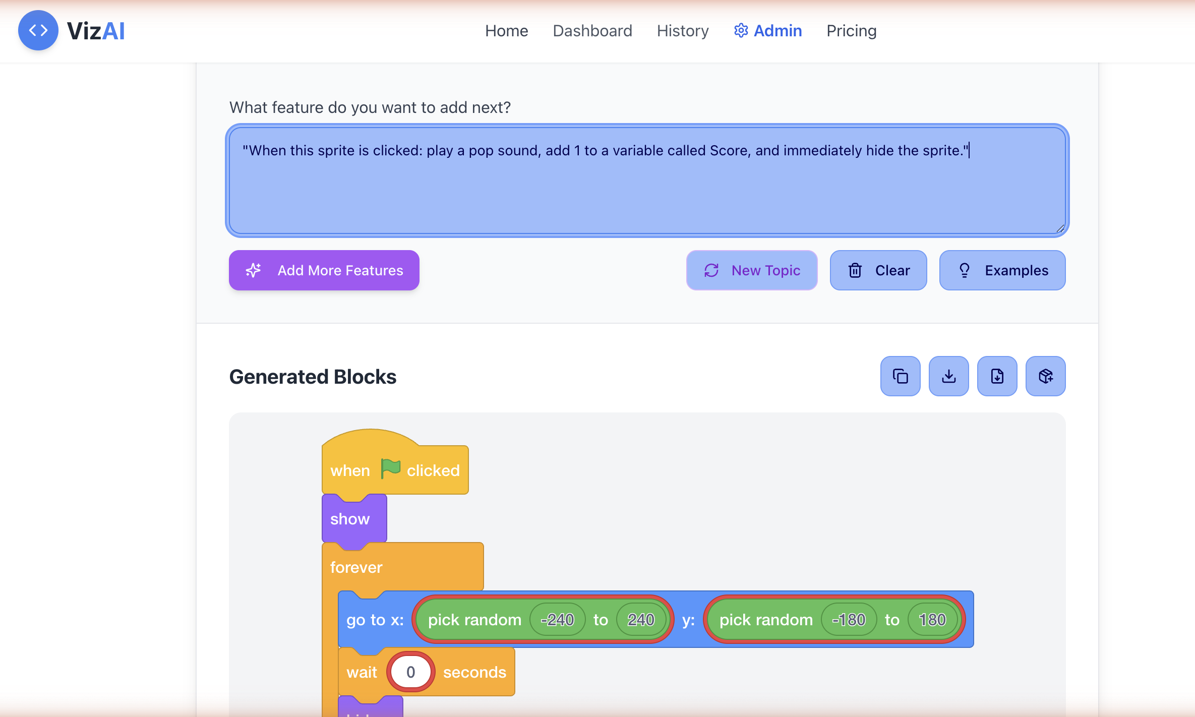 VizAI Add More Features interface