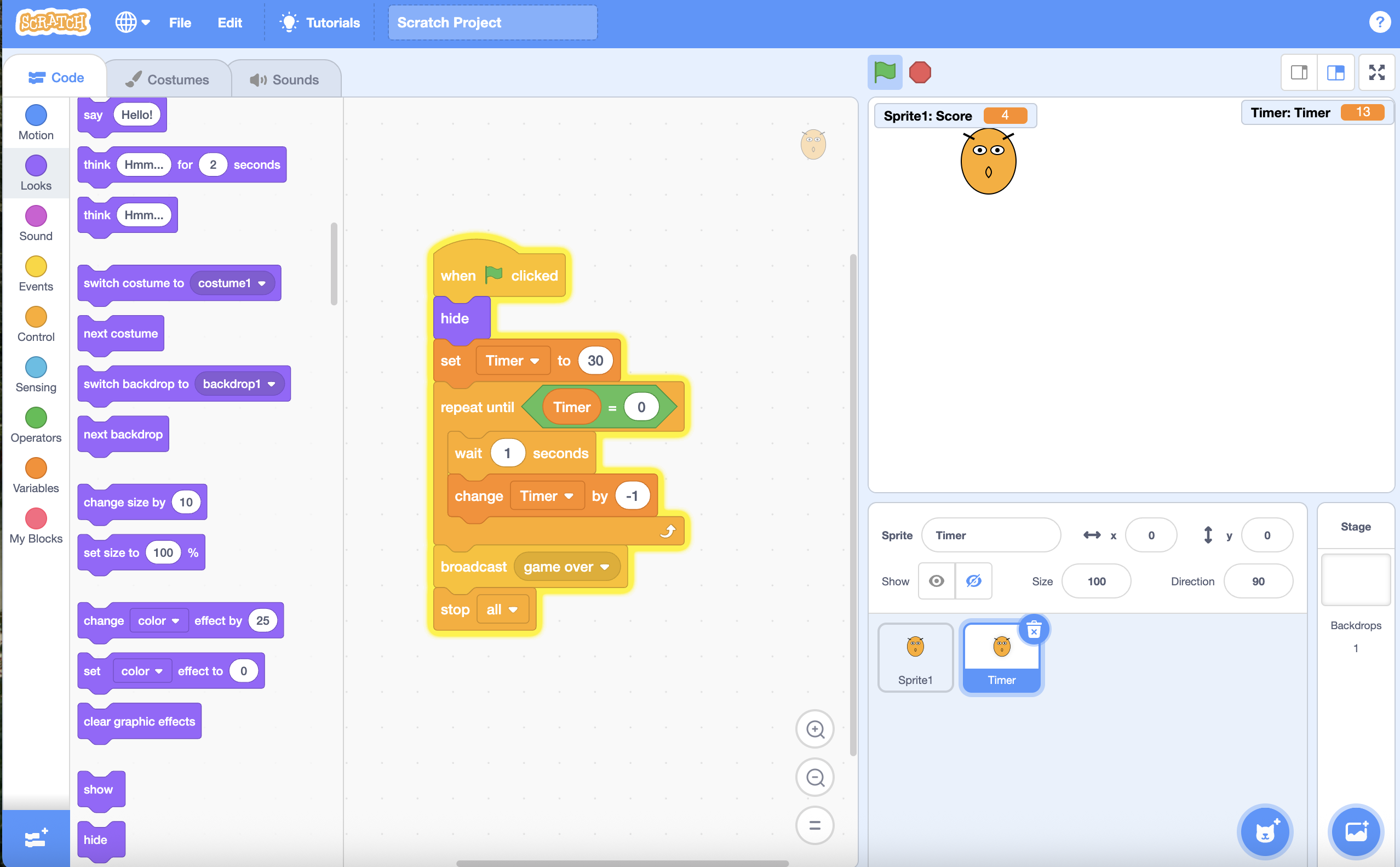 Completed Whack-a-Mole game in Scratch